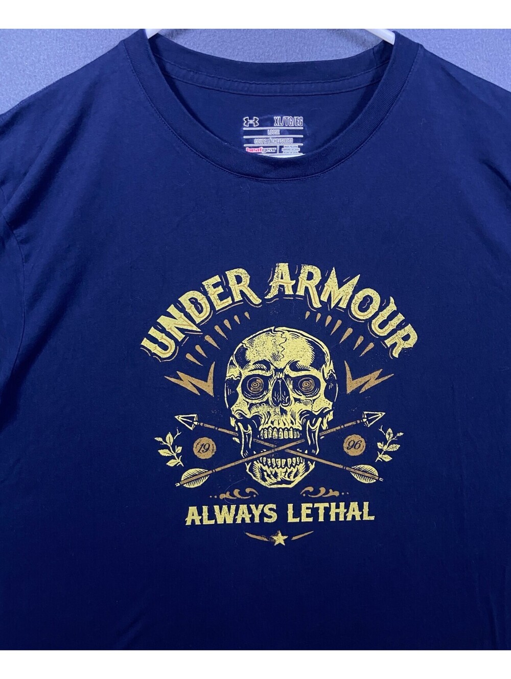Under Armour T-Shirt Mens Size 2XL Navy Blue HeatGear Skull Always Lethal Loose